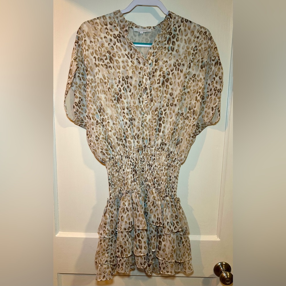 OLIVACEOUS Smocked Tiered Leopard Dress Size Large